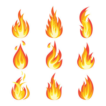 Cartoon fire flames, bonfire, campfire isolated on background. Vector flat design