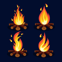 Cartoon fire flames, bonfire, campfire isolated on background. Vector flat design