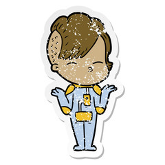 distressed sticker of a cartoon girl wearing futuristic clothes
