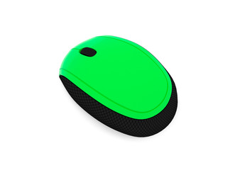 3d illustration of an optical black-green computer mouse on a white background.