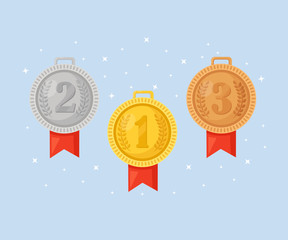 Gold, silver, bronze medal for first place. Trophy, award for winner  isolated on blue background. Set of golden badge with ribbon. Achievement, victory. Vector cartoon illustration Flat design