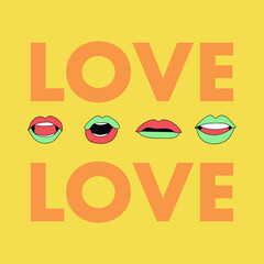 Love and colorful lips saying love. Cartoon character mouth and lips sync for pronunciation love word. Picture and words for posters, t-shirts, cards, cups, bags and wall art. Vector design set