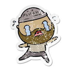 distressed sticker of a cartoon bearded man crying