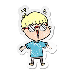 distressed sticker of a cartoon boy wearing spectacles