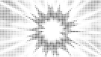 Halftone gradient explosion pattern. Abstract halftone vector dots background. Fireworks dots pattern. Pop Art, Comic small dots. Star rays halftone poster. Shine, sun rays. Outer space, sunrise rays