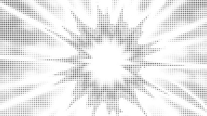 Halftone gradient explosion pattern. Abstract halftone vector dots background. Fireworks dots pattern. Pop Art, Comic small dots. Star rays halftone poster. Shine, sun rays. Outer space, sunrise rays
