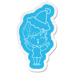 cartoon  sticker of a laughing woman wearing santa hat
