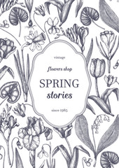 Vintage flower drawings. Vector hand drawn floral design. Spring plants sketches. Botanical garden blomming. Perfect for invitation, greeting cards, decor, branding. Wedding template.