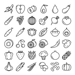 Fototapeta na wymiar Fruits and vegetables icon set. 36 black outline vector icons.
