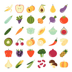 Fruits and  vegetables icon set. 36 colorful vector icons in flat style.