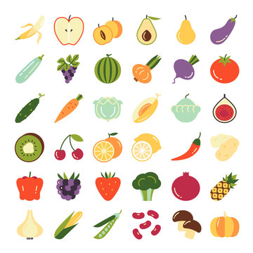 Fruits and  vegetables icon set. 36 colorful vector icons in flat style.
