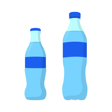 Soda. Mineral water. Water in plastic and in glass bottle. Flat design.