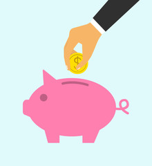 Piggy bank. Concept hand of a businessman throws a coin in a piggy bank. Deposit. 