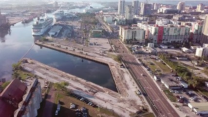 Aerial flyover of downtown Tampa, Florida and cruise port.