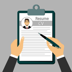 Check Resume. The concept of resume in the hands. Approval of the resume. Flat style.