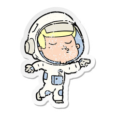 distressed sticker of a cartoon confident astronaut