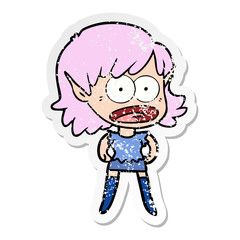 distressed sticker of a cartoon shocked elf girl