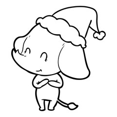 cute line drawing of a elephant wearing santa hat