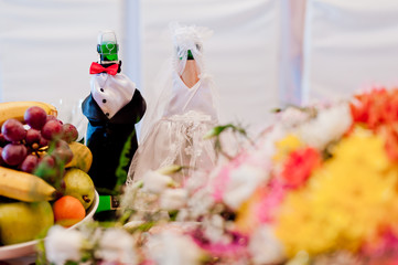Two bottles of champagne wearing like a bride and groom standing on wedding table.