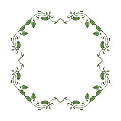 Vector illustration greeting card with green leaf wreath frame hand drawn