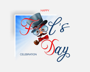 Design, background with 3d texts, eyeglasses, top hat, smoking pipe and funny face for First April, Fools' day event, celebration; Vector illustration