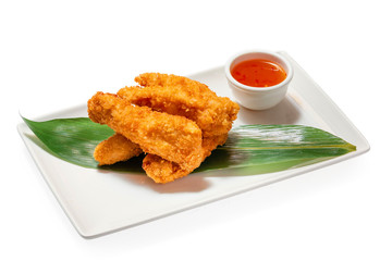 Cheese sticks on a plate with sauce on a white background