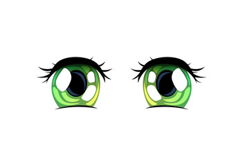 Green Bright Eyes, Beautiful Eyes with Light Reflections Manga Japanese Style Vector Illustration