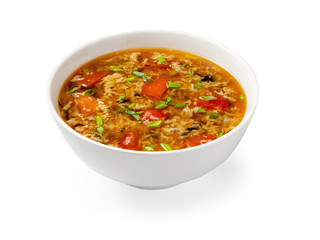 Chinese egg soup in plate on white background