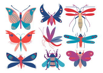Colorful Cute Insects Set, Butterfly, Beetle, Bug, Mosquito, Moth, Dragonfly, Top View Vector Illustration