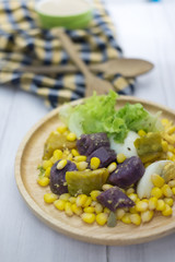 Healthy salad (lettuce, pumpkin, corn,yam and boiled egg)