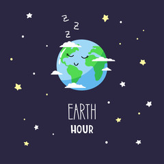 Cute cartoon planet Earth in the night sky and inscription Earth hour. Vector illustration.