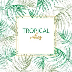 Tropical summer jungle square label with a golden border and green tropical palm leaves around. Hand drawn in ink realistic engraving like vector illustration.