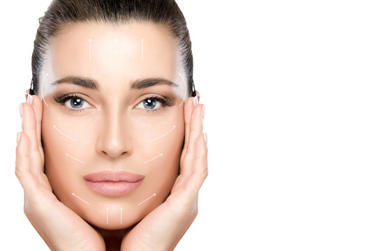 Beauty Face Spa Woman. Surgery and Anti Aging Concept. White Arrows Over Face