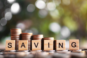 Coins set arranged vertically on wood plank and tree bokeh background , Saving and growing business concept, selective and soft focus.