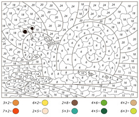 Cartoon snail on the green leaf. Math activity worksheet. Multiplication table. Color by number educational game