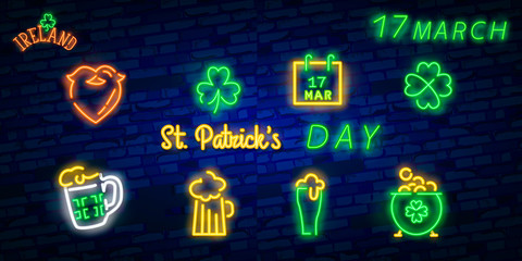 St. Patrick's Day icon set isolated. Patrick's Day neon sign. Horseshoe, Clover, Rainbow, Gold coin, Beer, Flag Ireland and Calendar icon. Vector Illustration