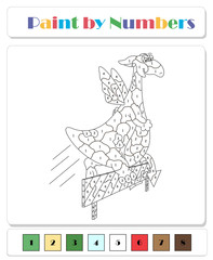 Green dragon jumping over the barrier. Color by number educational game for kids