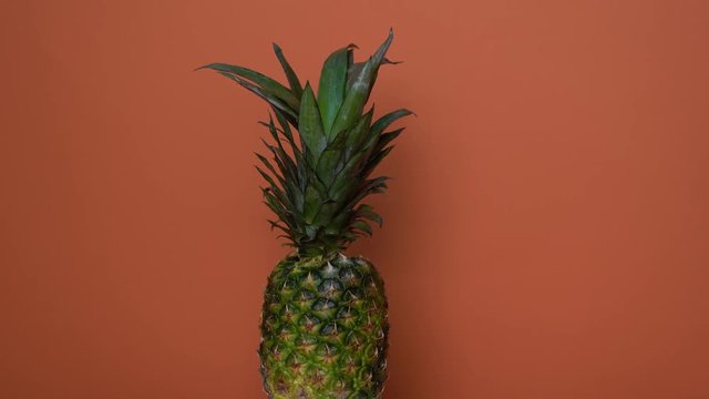 Pineapple fruit on orange background. Ripe pineapple, isolate.
