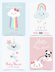 Colorful hand drawn cute card with rainbow,heart,cloud,panda and rain.Rainbow make me happy