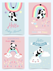 Colorful hand drawn cute card with rainbow,heart,cloud,panda and rain.Rainbow make me happy