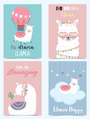 Blue pink hand drawn cute card with llama,balloon,glasses,heart.no drama llama
