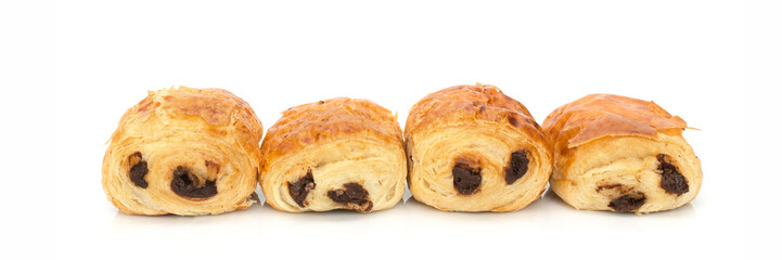 Pains au chocolat (french bakery products with chocolate) isolated on white background