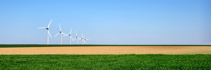 Panorama of wind turbines aligned in a green and yellow field