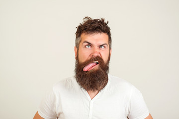 Crazy bearded man shows his tongue, on white background. Negative face expression, human emotion,...