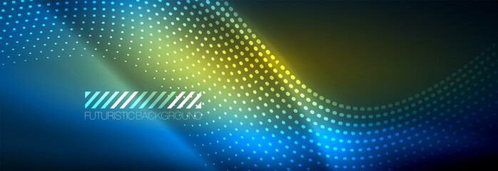 Obraz premium Glowing abstract wave on dark, shiny motion, magic space light. Vector techno abstract background