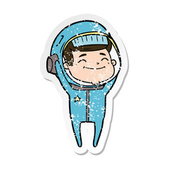 distressed sticker of a happy cartoon astronaut