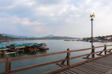 landscape scene Wooden Mon Bridge at kanchanaburi, Thailand