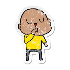 distressed sticker of a happy cartoon bald man