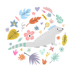Cute hand drawn iguana character with decoration
