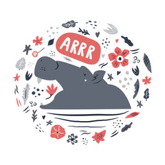 Cute hand drawn hippo character with decoration